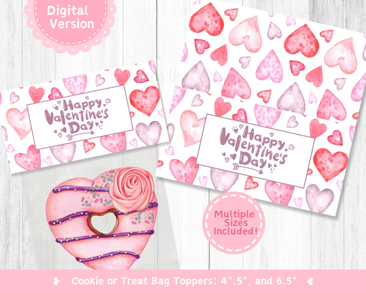 Happy Valentine's Day Watercolor Hearts Cookie Bag Topper